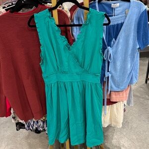 BiBi Teal Ruffle V-Neck Babydoll Dress